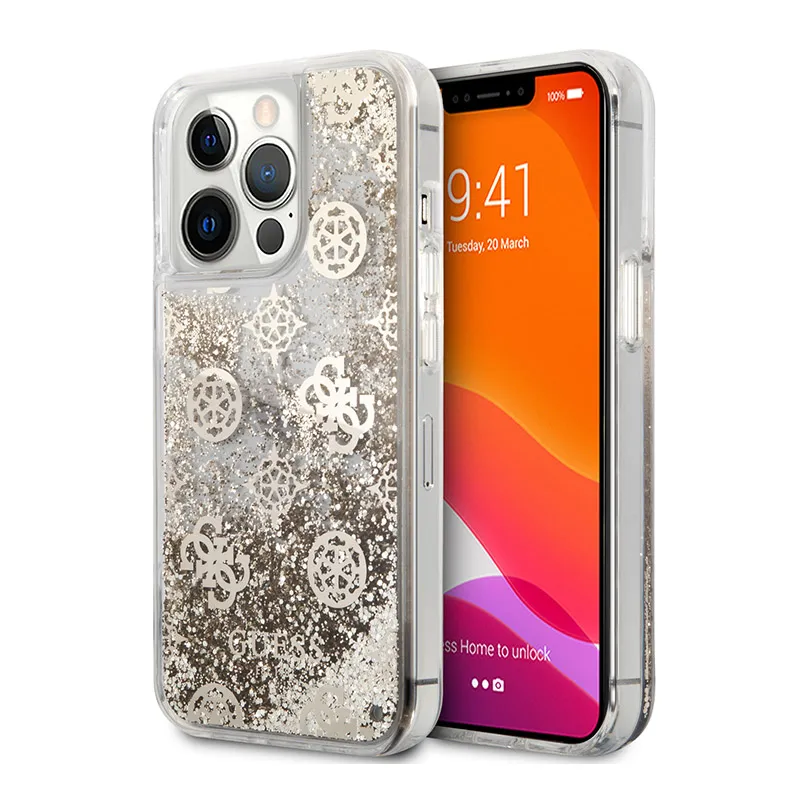 Maska Guess Hc Liquid Glitter Peony za iPhone 13 Pro 6.1 zlatna (GUHCP13LLGPEGO)