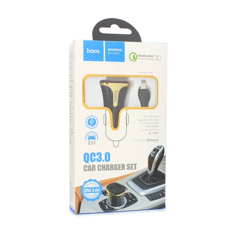 Auto punjac HOCO Z31 QC3.0 2xUSB sa micro USB kablom crni