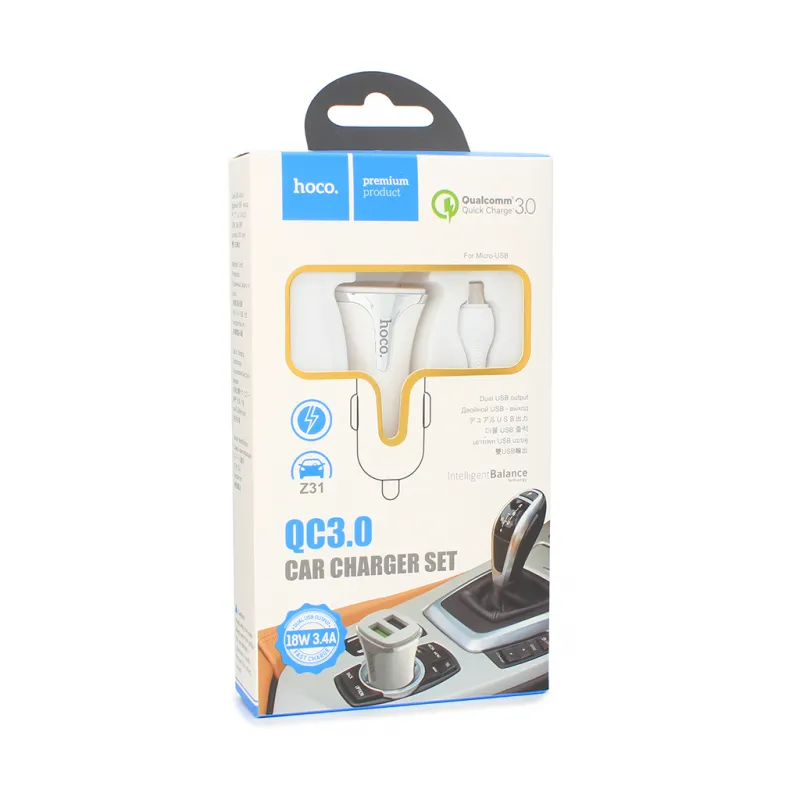 Auto punjac HOCO Z31 QC3.0 2xUSB sa micro USB kablom beli