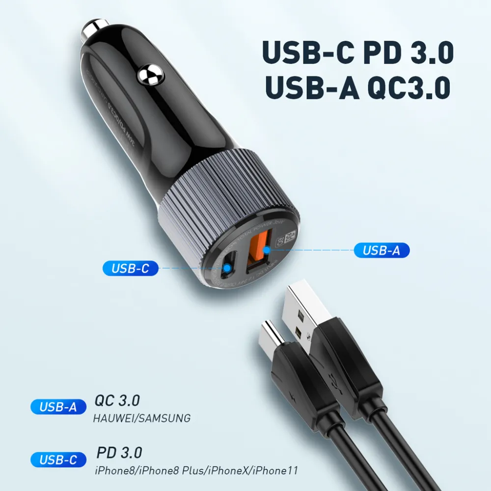 Auto punjac LDNIO C510Q PD/QC3.0 36W sa iPhone lightning kablom