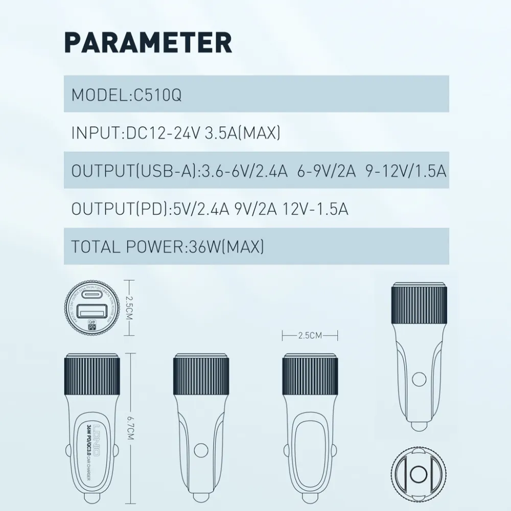 Auto punjac LDNIO C510Q PD/QC3.0 36W sa Type C kablom