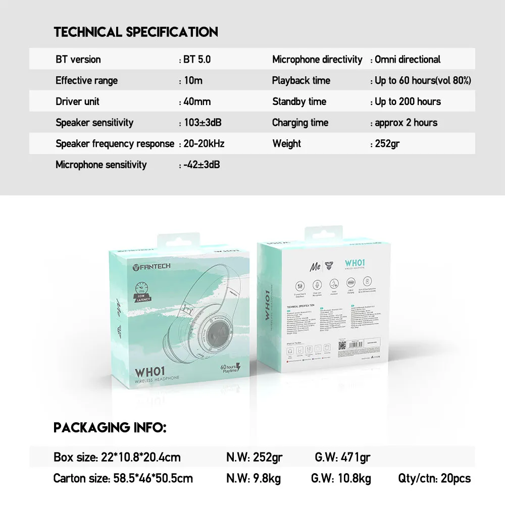 Bluetooth slusalice Fantech WH01 Mint Edition