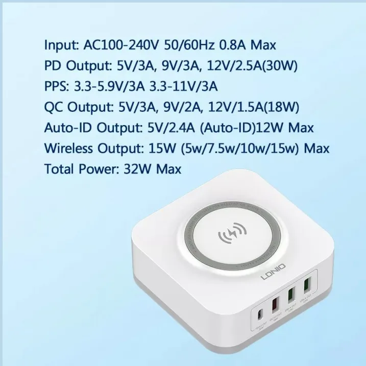 Kucni punjac LDNIO AW004 32W Desktop Wireless Quick Charge 3.0 + PD 30W beli
