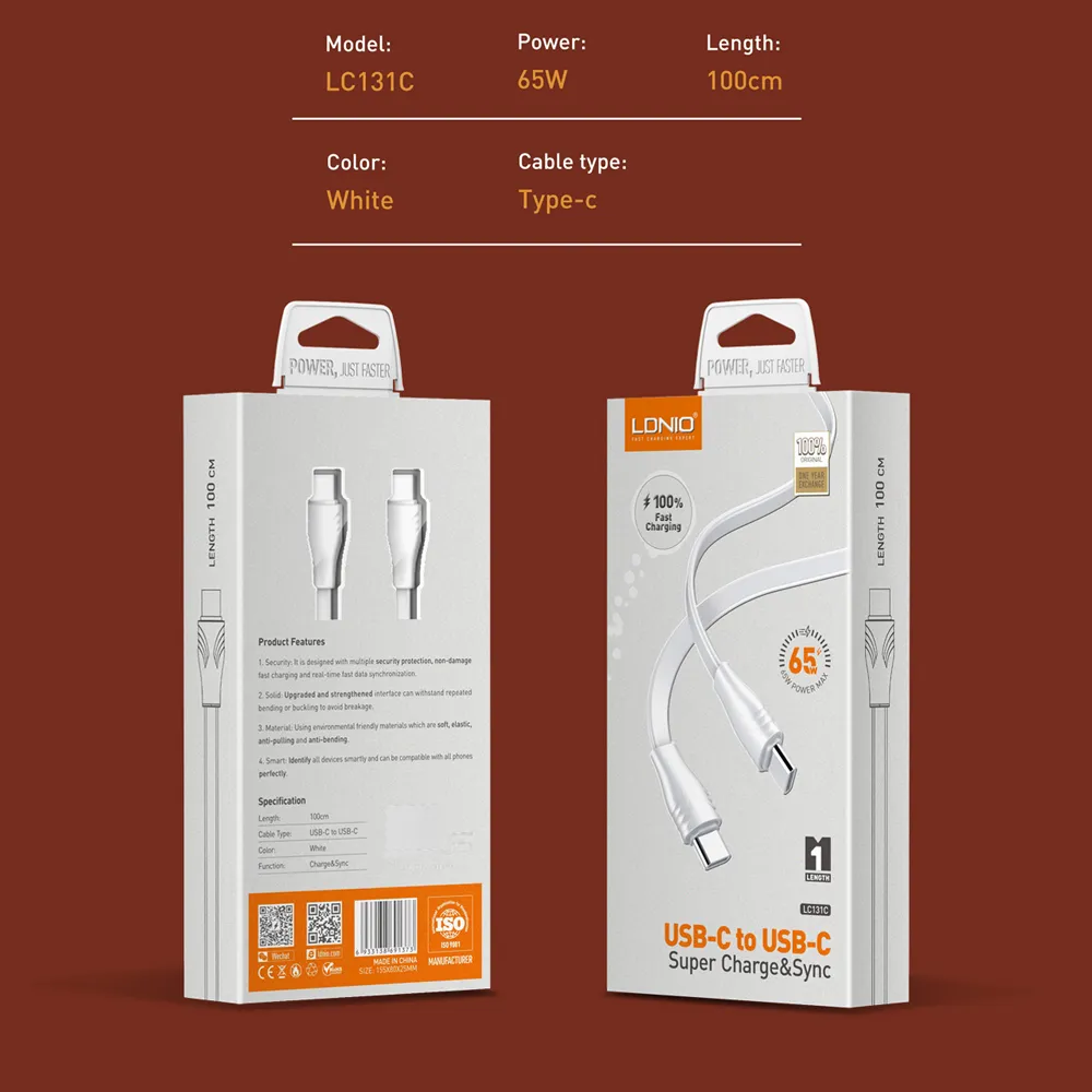 Data kabl LDNIO LC131-C 65W Type C na Type C beli 1m