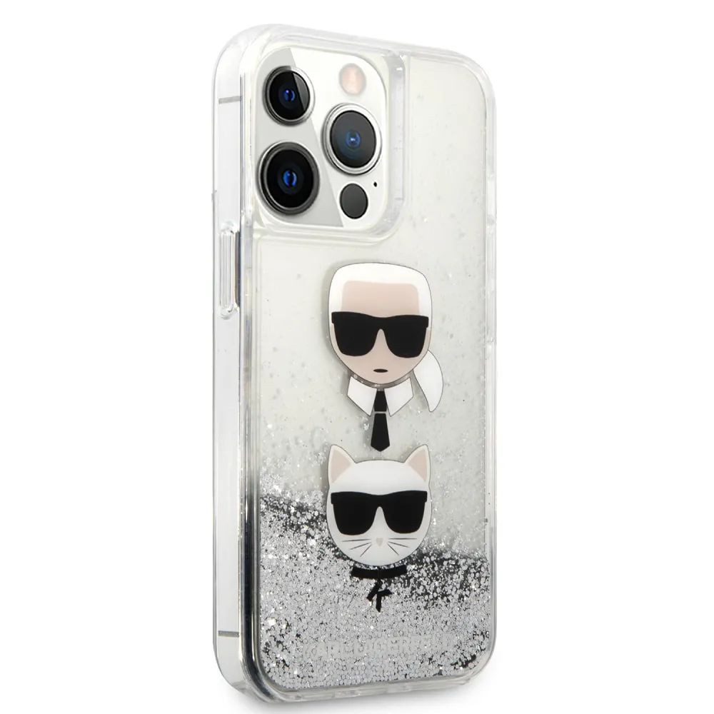 Maska Karl Lagerfeld Hc Liquid Glitter 2 Heads za iPhone 14 Pro 6.1 srebrna (KLHCP14LKICGLS)