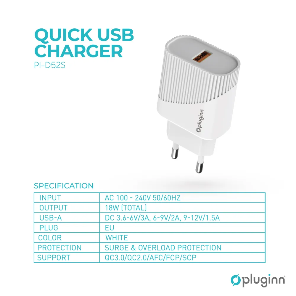 Kucni punjac Pluginn PL-D52S, QC3.0 18W sa micro USB kablom beli