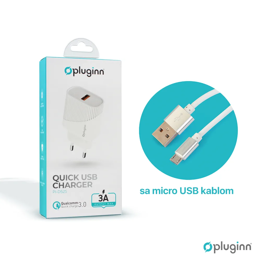 Kucni punjac Pluginn PL-D52S, QC3.0 18W sa micro USB kablom beli