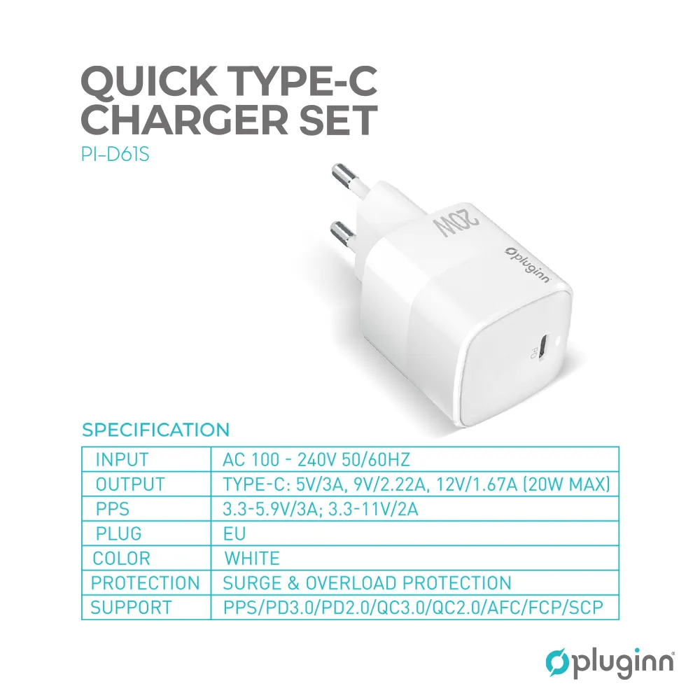 Kucni punjac Pluginn PL-D61S, PD3.0, PPS, 20W sa PD Type C kablom beli