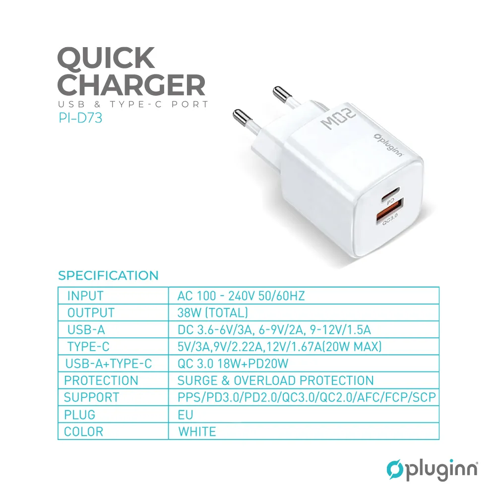 Kucni punjac Pluginn PL-D73, QC3.0 PD3.0, PPS, USB-PD 18W+20W, 38W (total) beli