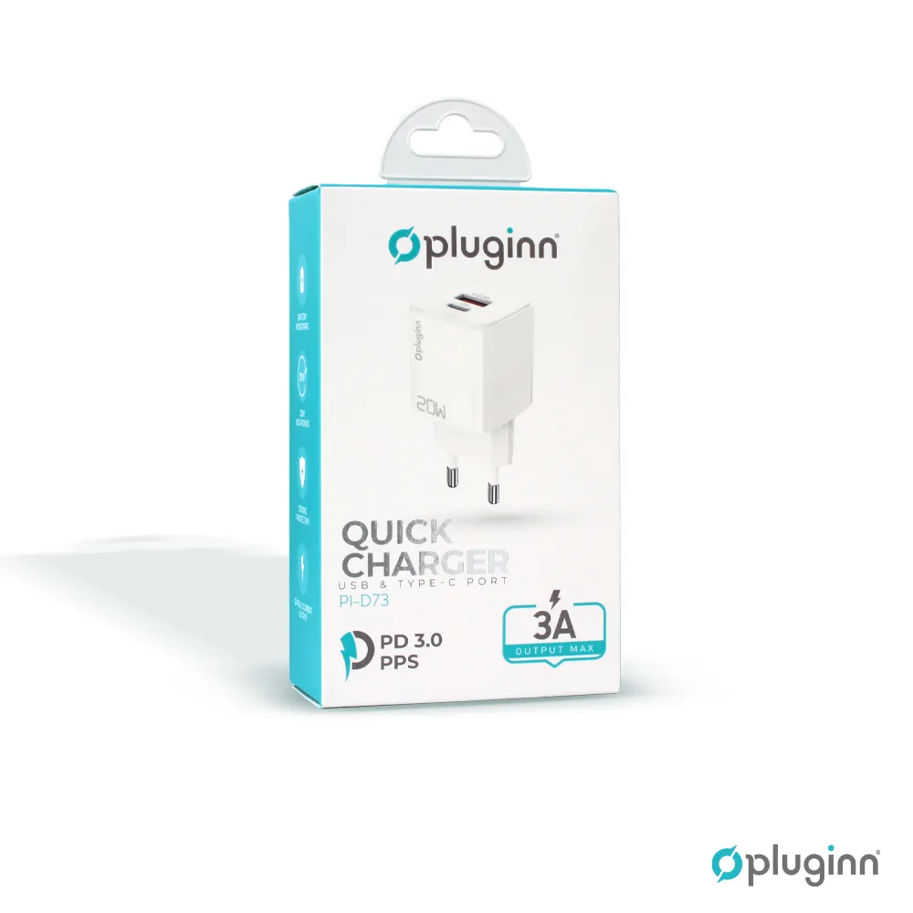 Kucni punjac Pluginn PL-D73, QC3.0 PD3.0, PPS, USB-PD 18W+20W, 38W (total) beli