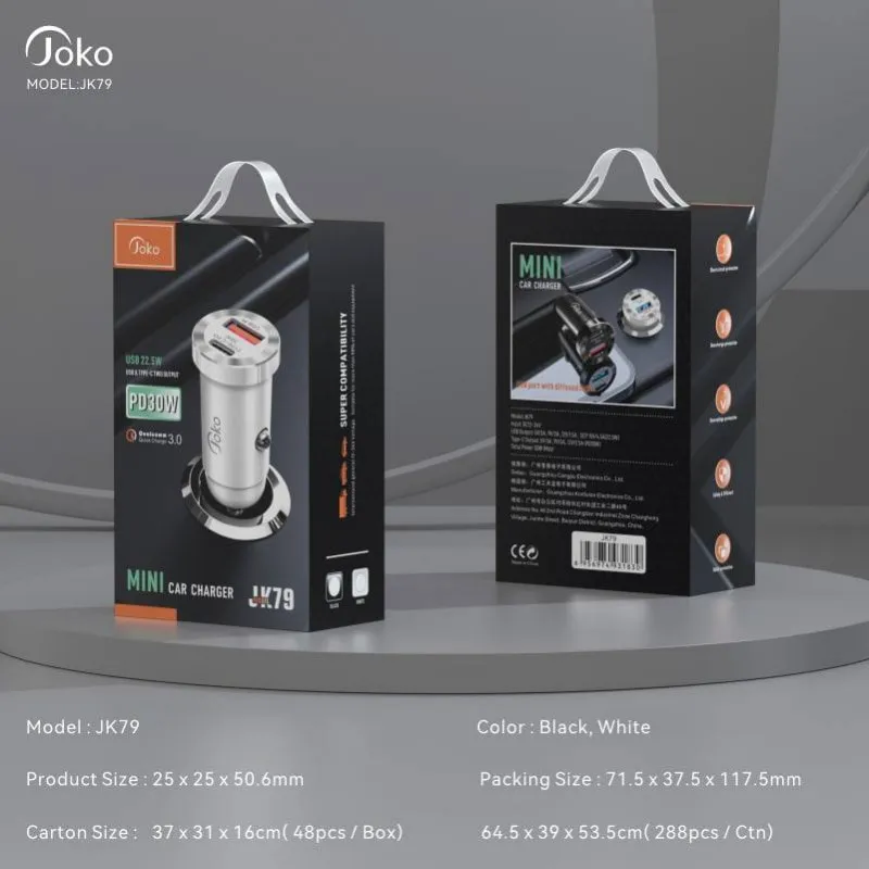 Auto punjac KONFULON JK79, 3A, QC3.0 22.5W, PD 30W crni