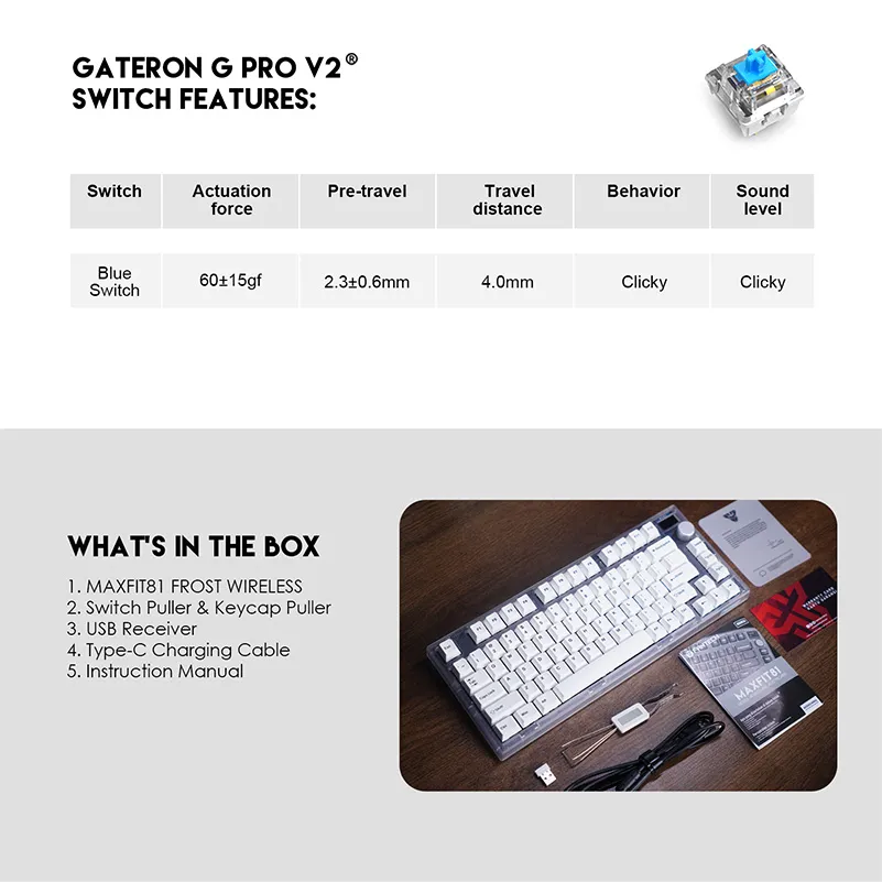 Tastatura Mehanicka Gaming Fantech MK910 RGB PBT Maxfit81 Frost Wireless crna (blue switch)