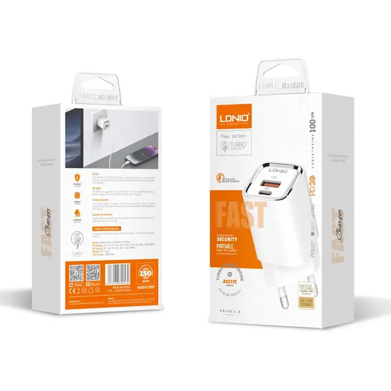 Kucni punjac LDNIO A2317C, 3.6A, QC3.0 18W, PD 30W sa Type C kablom beli