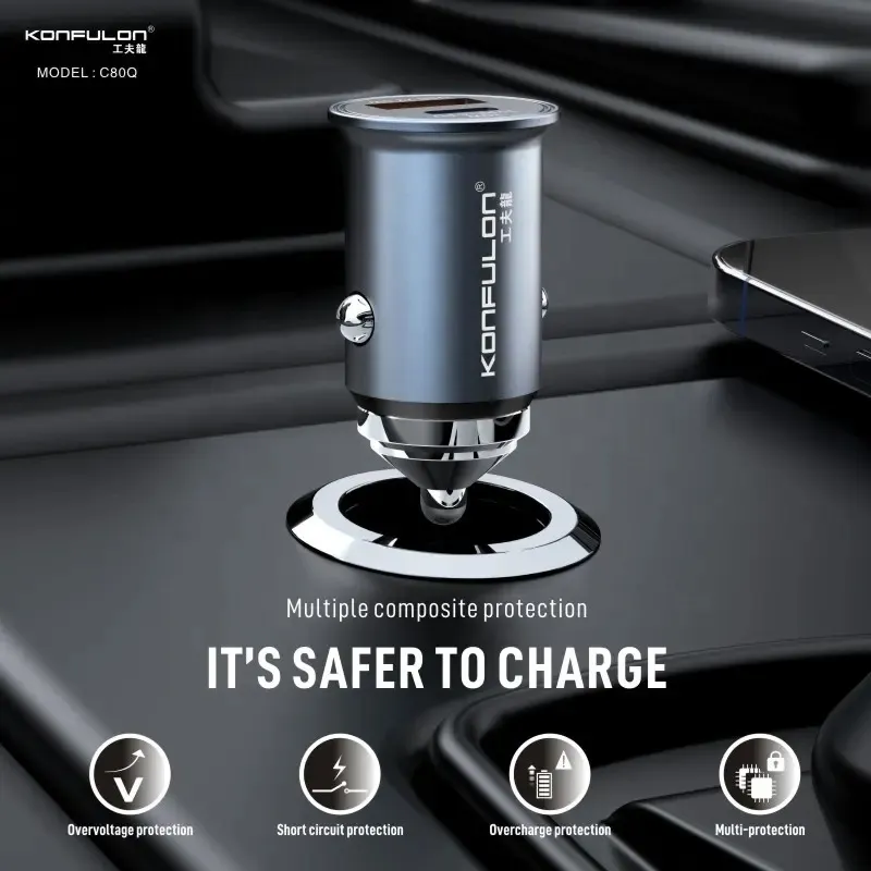 Auto punjac KONFULON C80Q, 3.6A, QC3.0 22.5W, PD 30W sivi