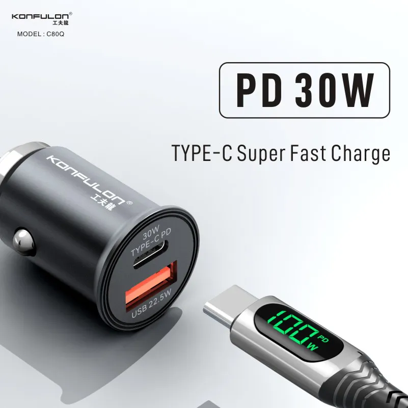 Auto punjac KONFULON C80Q, 3.6A, QC3.0 22.5W, PD 30W sivi