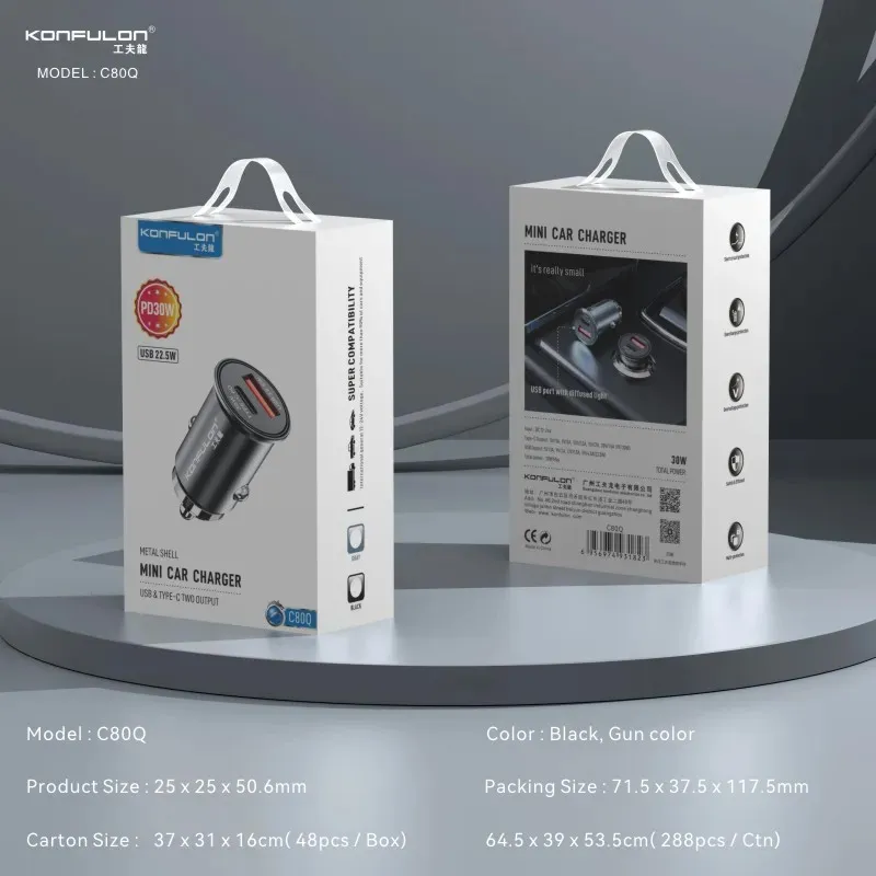 Auto punjac KONFULON C80Q, 3.6A, QC3.0 22.5W, PD 30W sivi