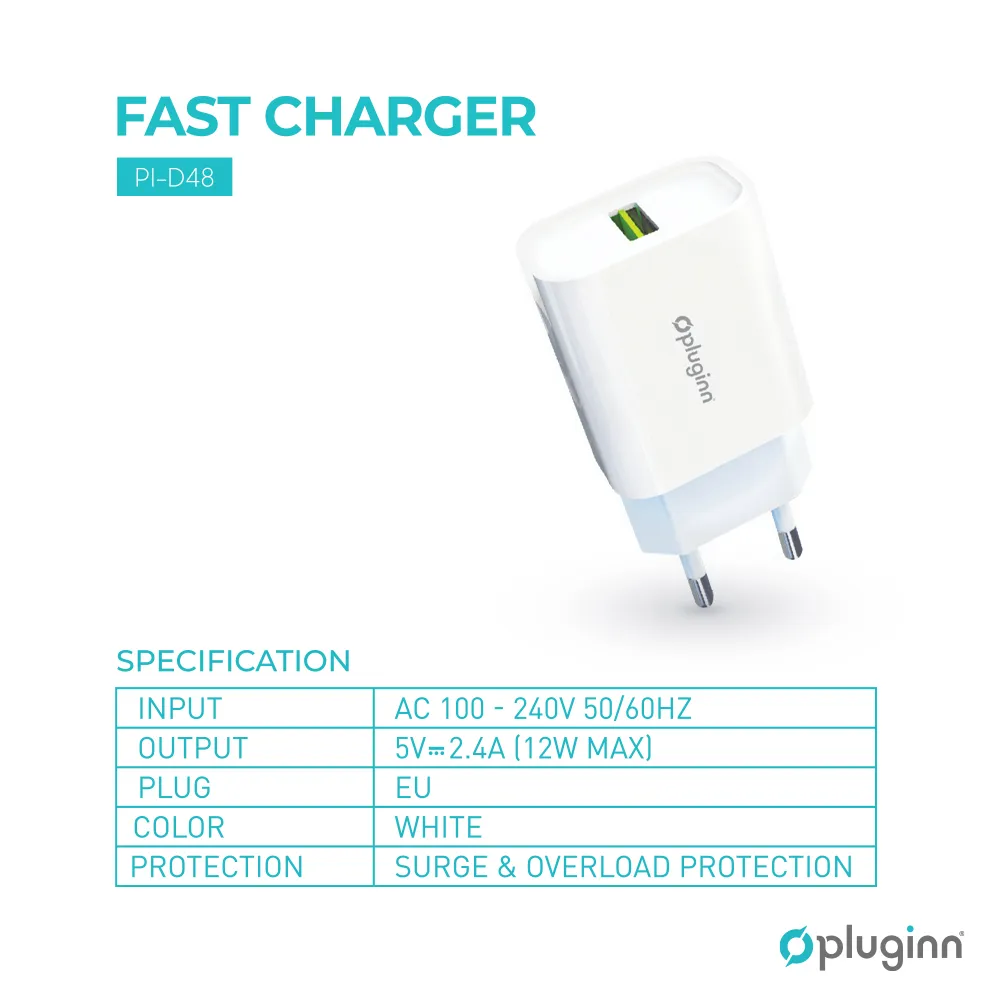 Kucni punjac Pluginn PI-D48, 5V, 2.4A, 12W sa Type C kablom beli