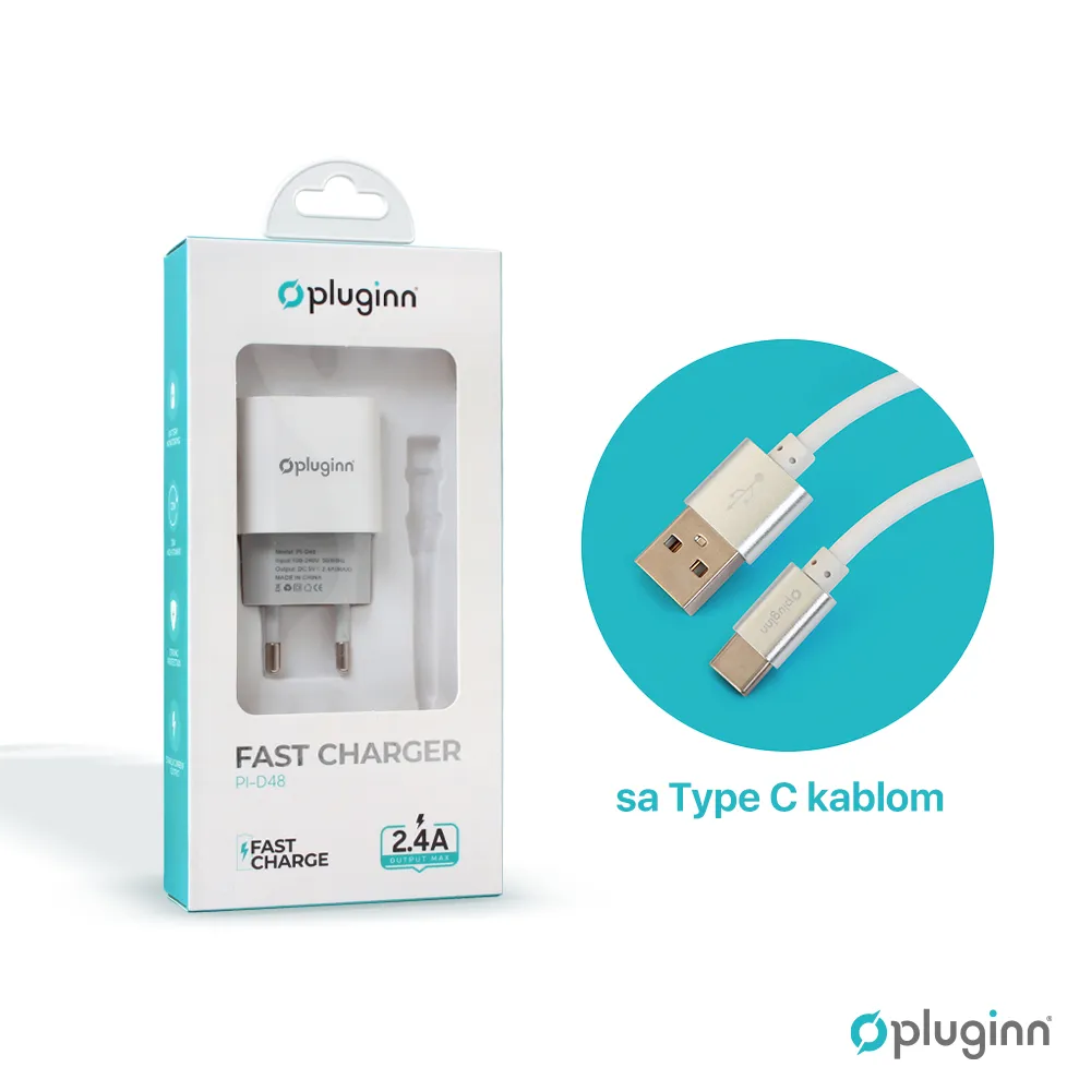 Kucni punjac Pluginn PI-D48, 5V, 2.4A, 12W sa Type C kablom beli