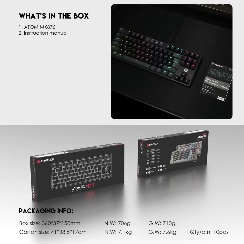 Tastatura Mehanicka Gaming Fantech MK876 RGB Atom TKL crna (Red switch)