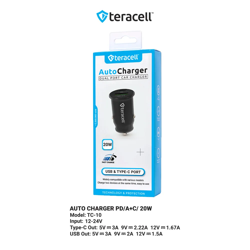 Auto punjac Teracell Evolution TC-10 PD 20W, USB QC3.0 15W crni