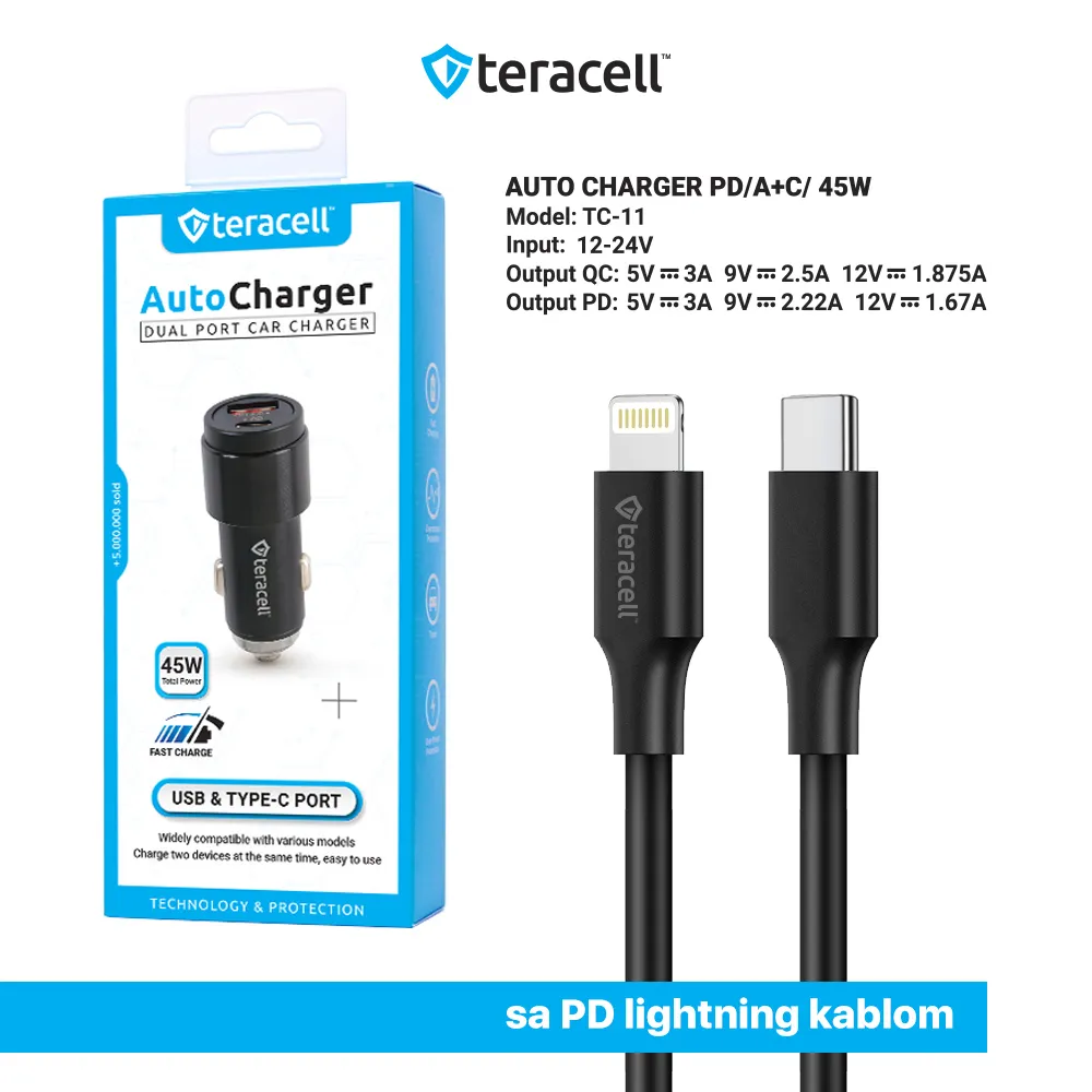Auto punjac Teracell Evolution TC-11 PD 22.5W + USB QC3.0 20W, 45W (total) sa PD Lightning kablom crni