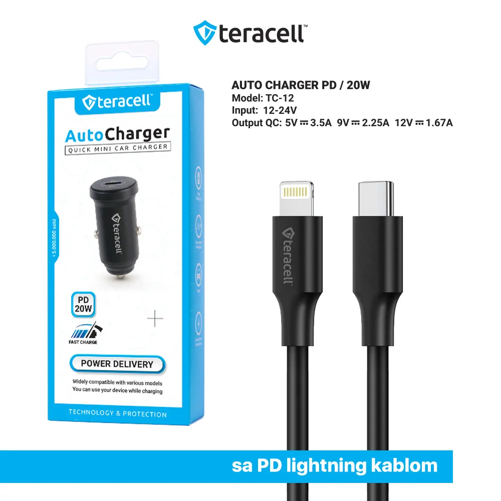 Auto punjac Teracell Evolution TC-12 PD 20W crni sa PD Lightning kablom crni