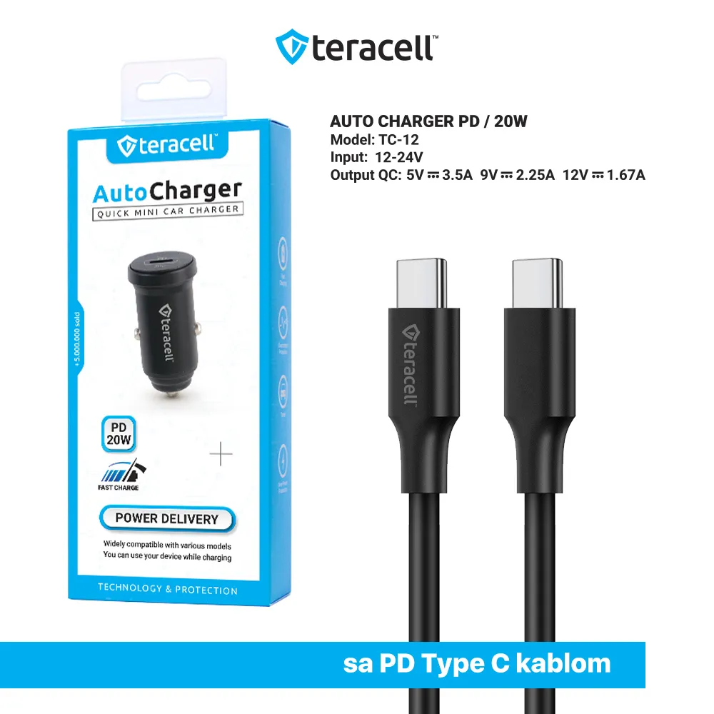 Auto punjac Teracell Evolution TC-12 PD 20W crni sa PD Type C kablom crni