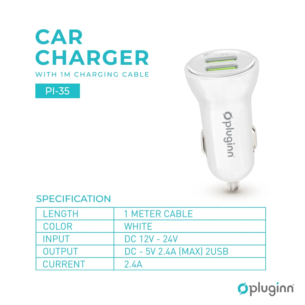 Auto punjac Pluginn PI-35 2xUSB, 2.4A beli