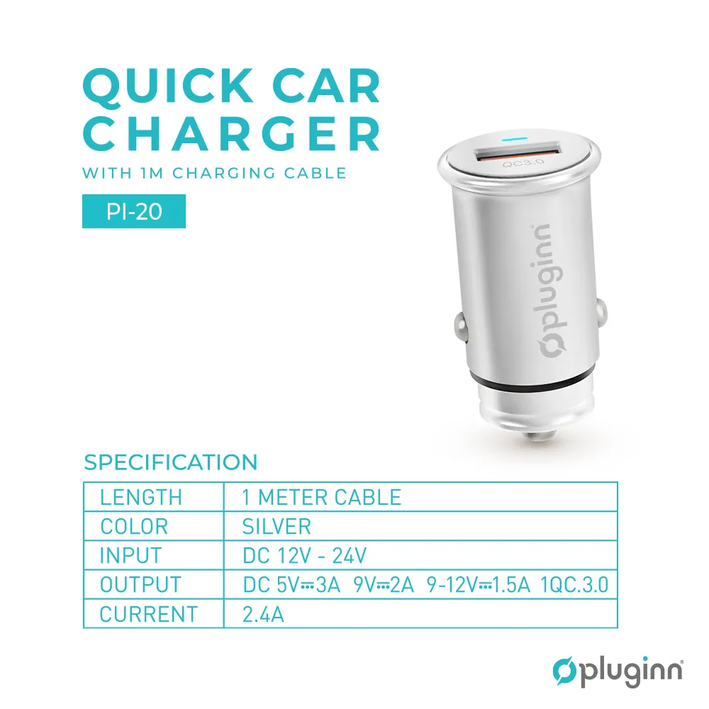 Auto punjac Pluginn PI-20 QC 3.0, 3A, 18W, sa lightning kablom srebrni