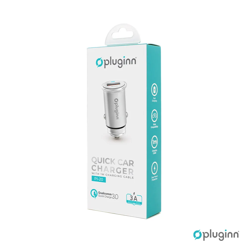 Auto punjac Pluginn PI-20 QC 3.0, 3A, 18W, sa lightning kablom srebrni