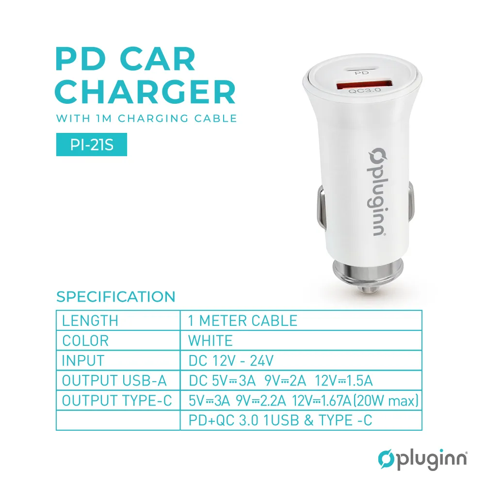 Auto punjac Pluginn PI-21S, PD 20W, QC 3.0 18W, sa PD lightning kablom beli
