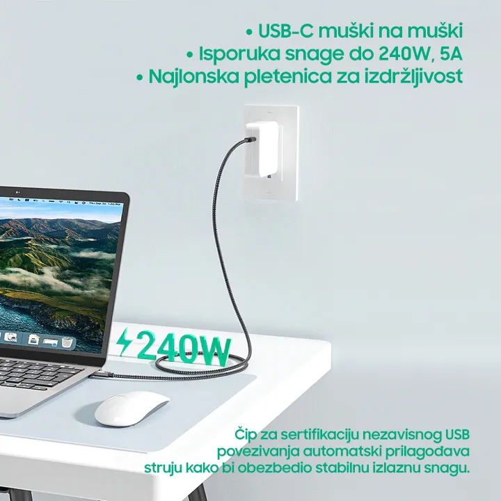 Data kabl Thunderbolt PD na Type C 40Gbps 240W 5K sivi 1m