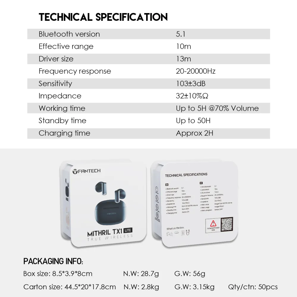 Bluetooth slusalice Fantech TX1 Lite Mithril bez