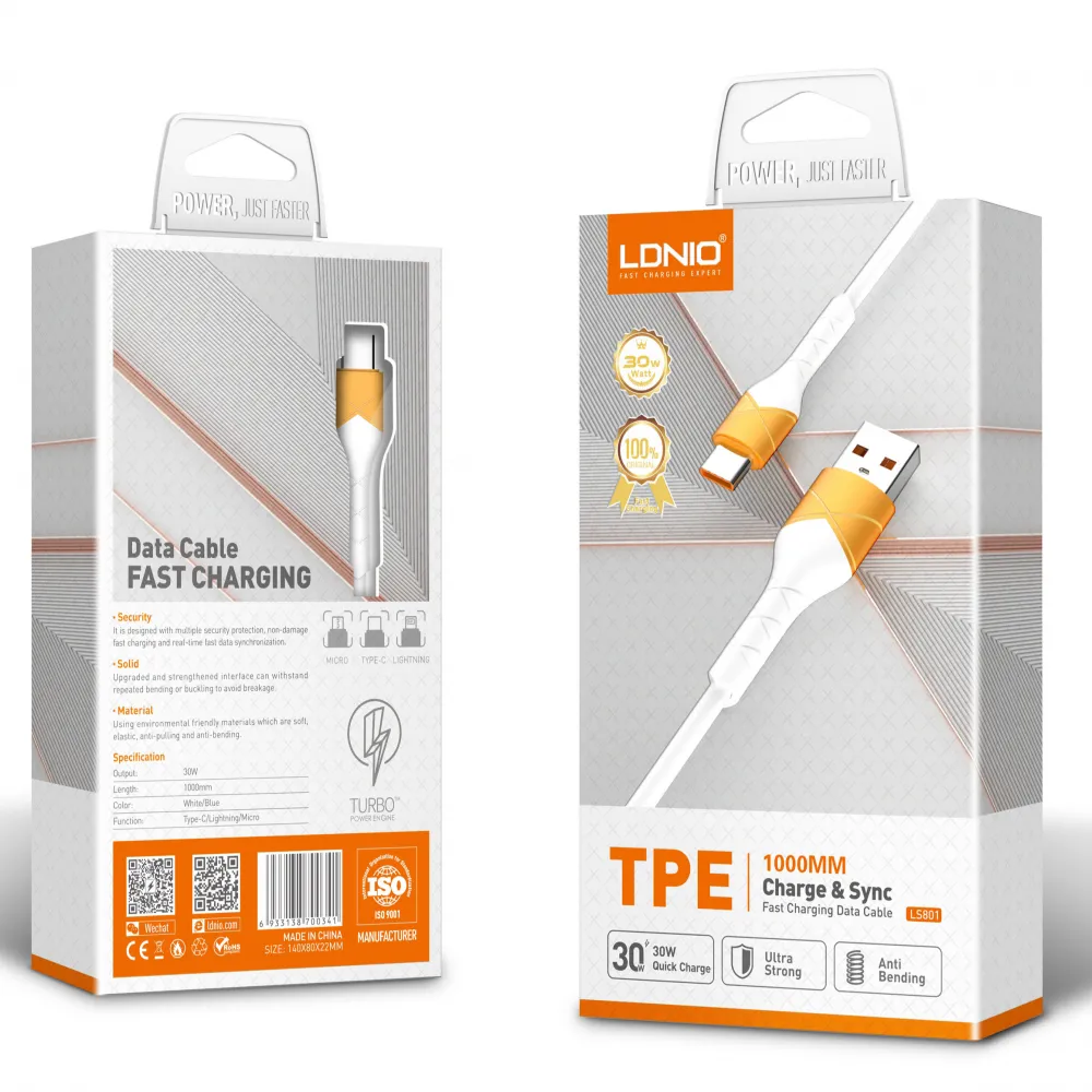 Data kabl Ldnio LS801 30W Fast micro USB beli 1m
