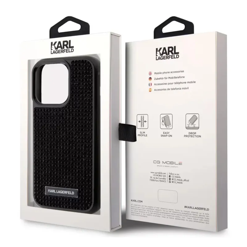 Maska Karl Lagerfeld Hc Rhinestone Metal Plate Logo za iPhone 15 Pro 6.1 crna (KLHCP15LHDSPLK)