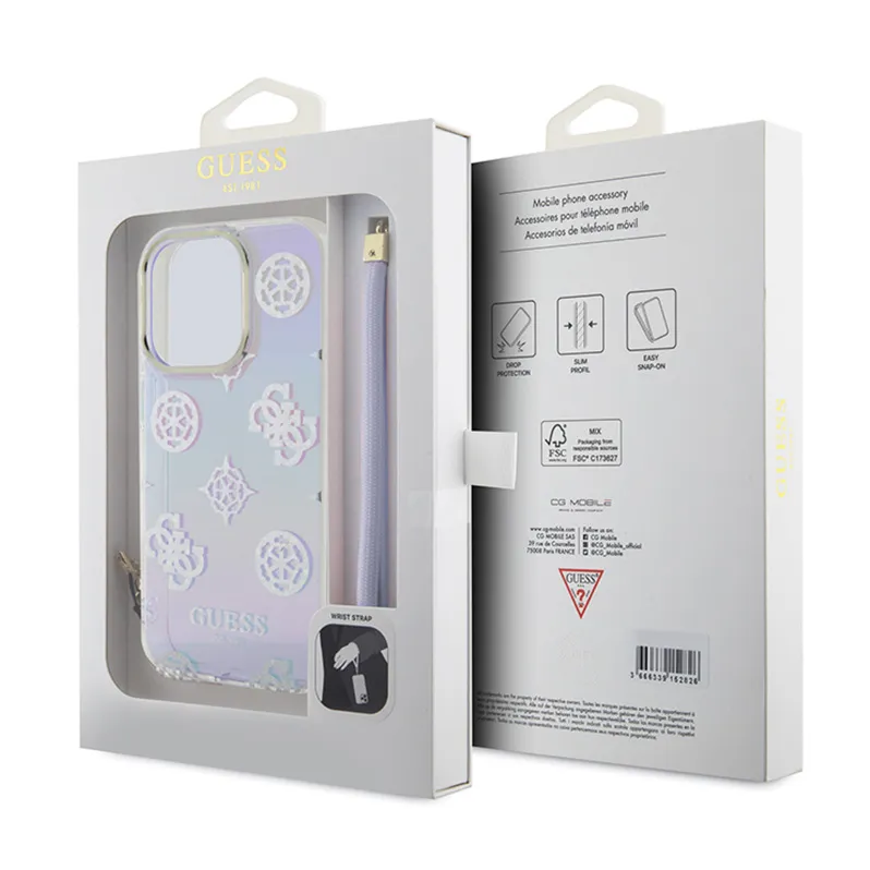 Maska Guess Hc PC TPU Iridescent Glitter Pattern Peony Cordstrap za iPhone 15 Pro 6.1 ljubicasta (GUHCP15LHPELISU)