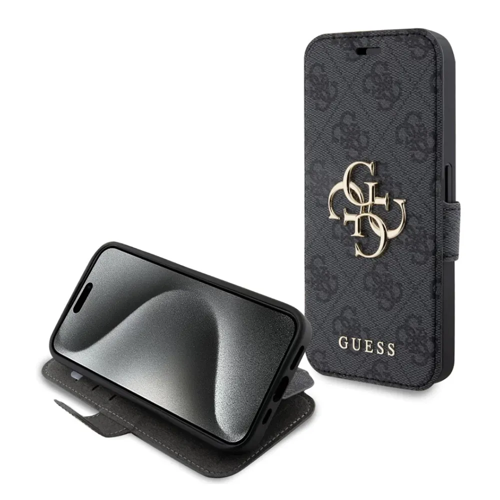 Maska Guess Bk Pu leather 4G Metal Logo za iPhone 15 6.1 siva (GUBKP15S4GMGGR)
