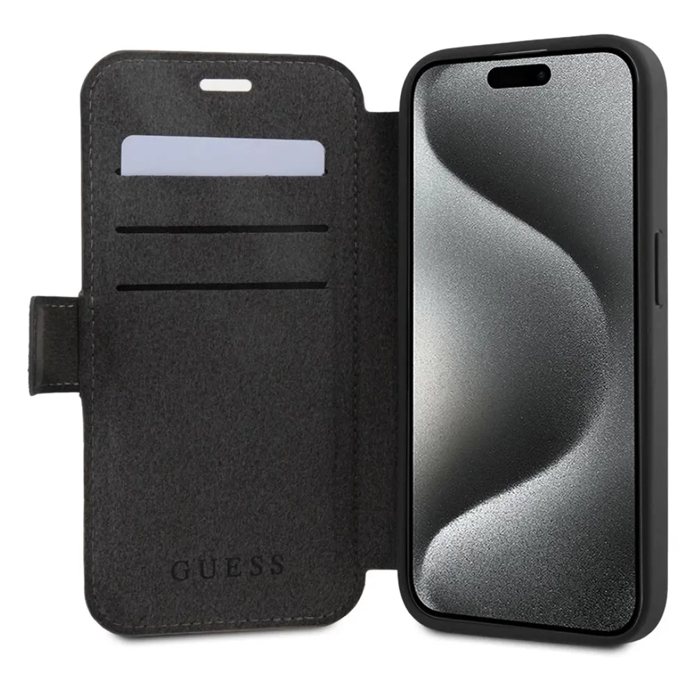 Maska Guess Bk Pu leather 4G Metal Logo za iPhone 15 6.1 siva (GUBKP15S4GMGGR)