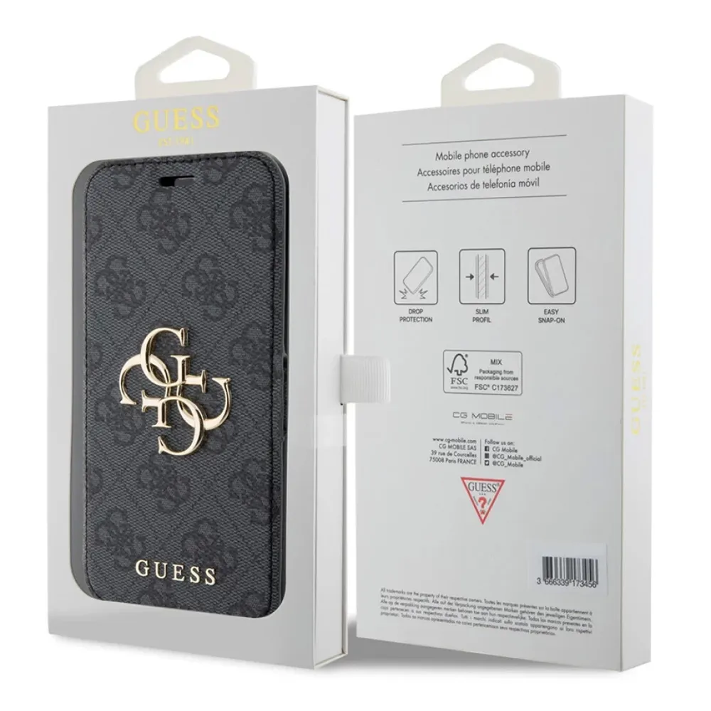Maska Guess Bk Pu leather 4G Metal Logo za iPhone 15 6.1 siva (GUBKP15S4GMGGR)