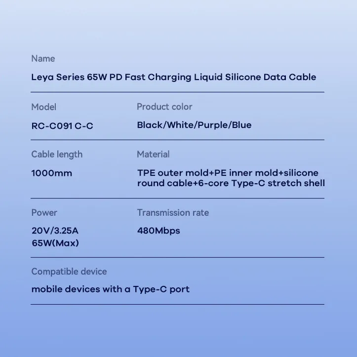 Data kabl REMAX Leya Series PD 65W Fast Charging RC-C091 Type C na Type C beli