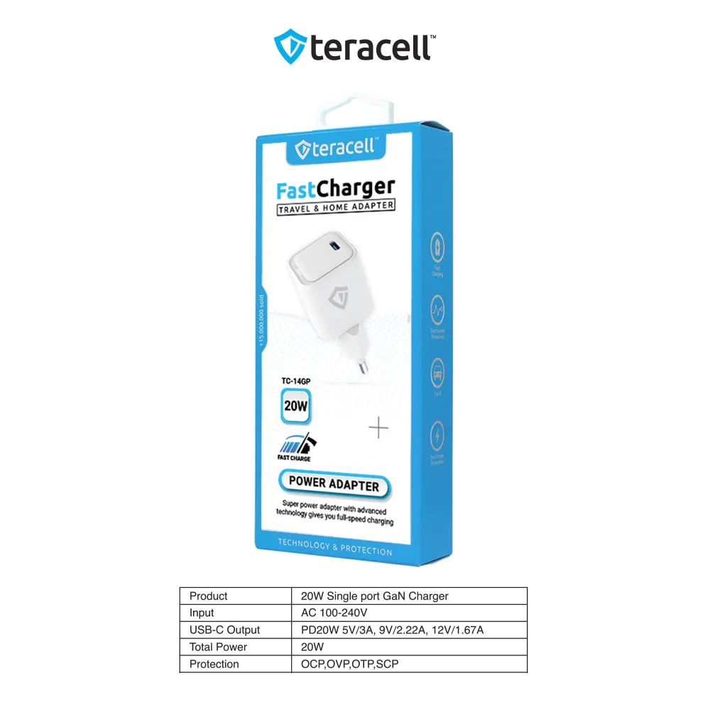 Kucni punjac Teracell Evolution TC-14GP, GaN, PD 3.0, 20W beli