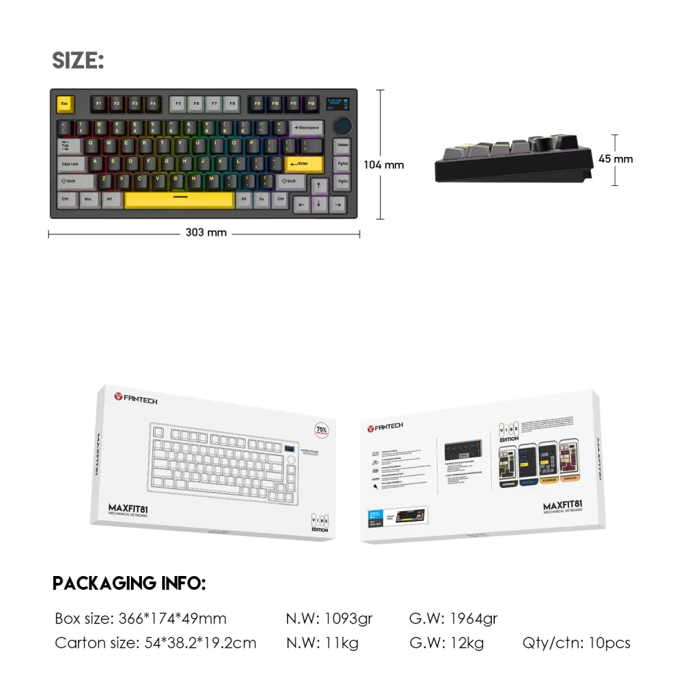 Tastatura Mehanicka Gaming Fantech MK910 RGB Vibe Maxfit 81 Vibrant Utility Wireless (Yellow switch)