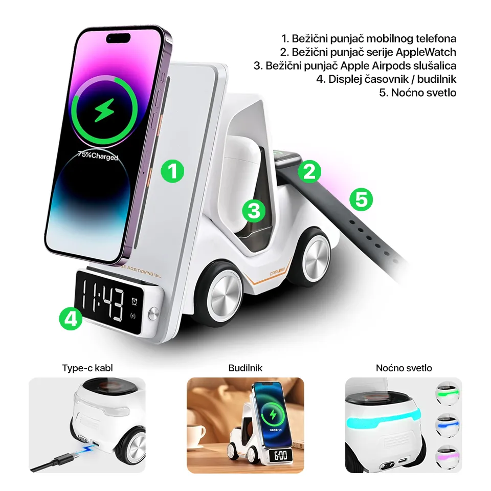 Kucni punjac Wireless 15W Viljuskar 5 u 1 zuti