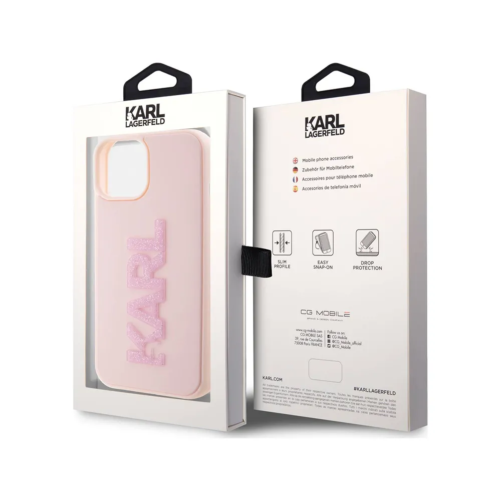 Maska Karl Lagerfeld 3D Rubber Glitter Logo za iPhone 15 6.1 roze (KLHCP15S3DMBKCP)
