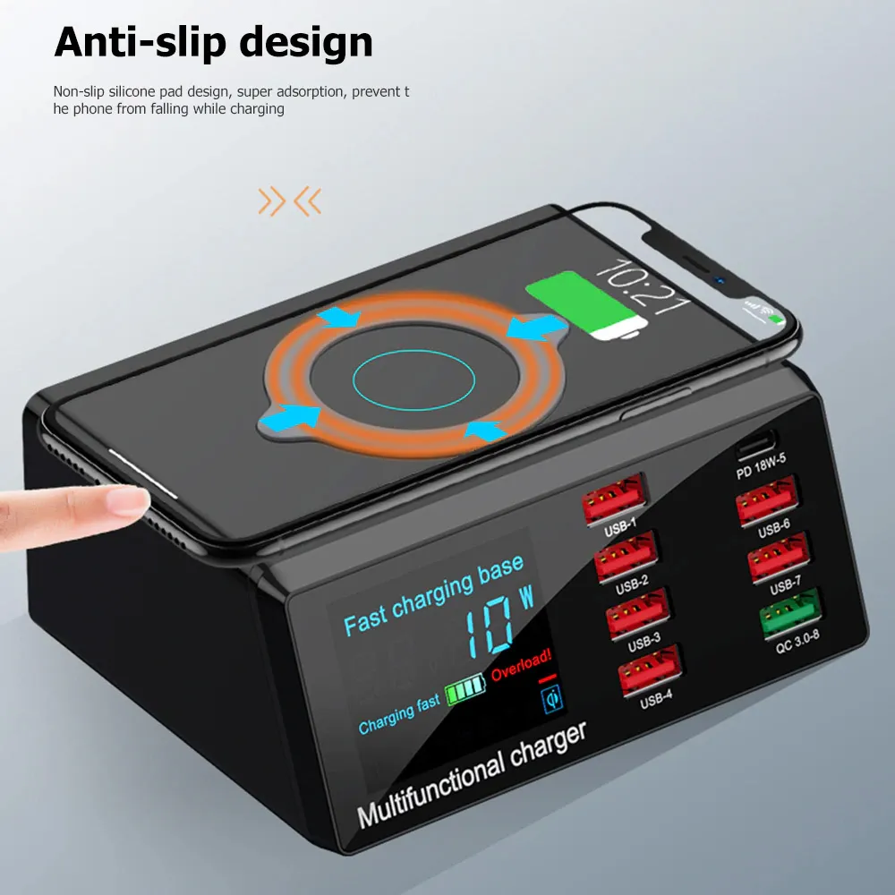 Multi USB punjac WLX-X9 sa LCD-om/8 USB portova+Wireless punjac crni