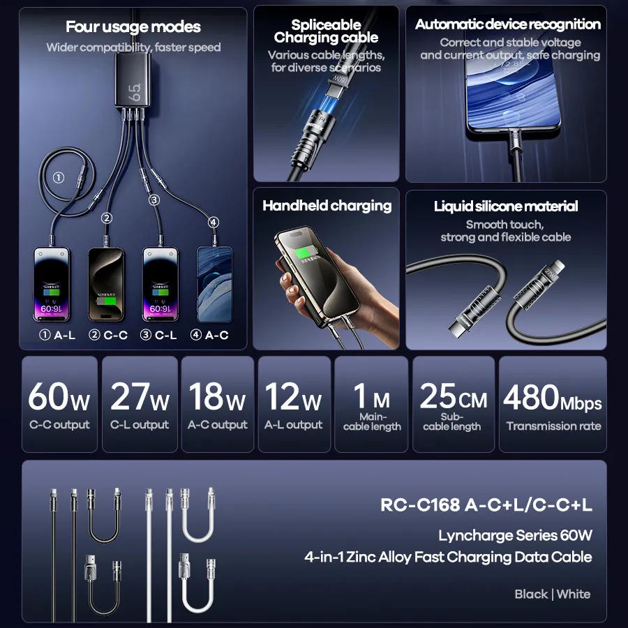Data kabl REMAX RCC-168 Lyncharge Series 60w 4-in-1 Zinc Alloy  crni