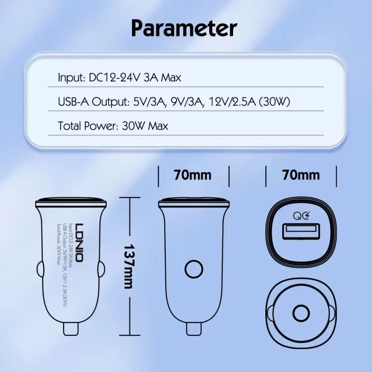 Auto punjac LDNIO C105, QC3.0, 30W USB Lightning crni