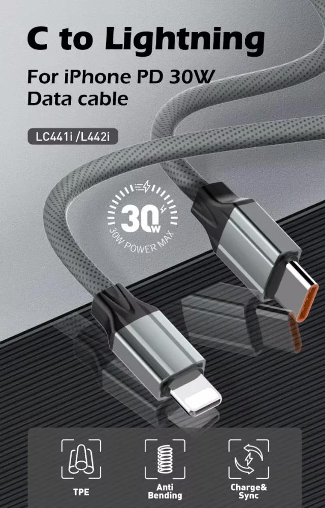 Data kabl LDNIO LC442I 30w, Type C na iPhone Lightning sivi 2m