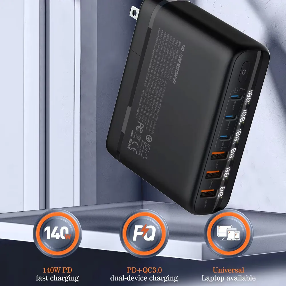 Kucni punjac sa adapterima LDNIO A6140C GaN PPS 3xQC3.0 (30W), 3xPD3.0 (100W), 140W Max, a Type C na Type C kablom crni