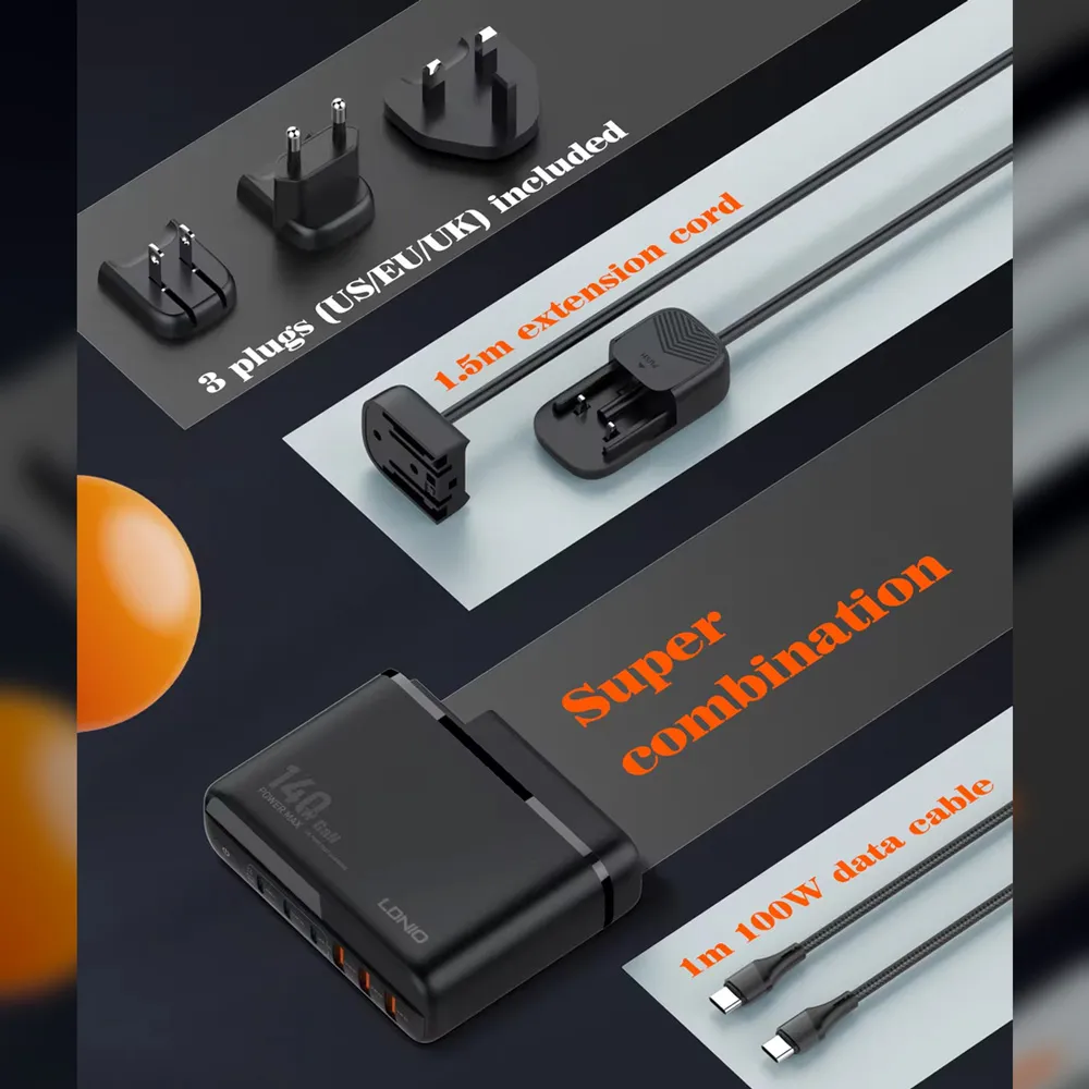 Kucni punjac sa adapterima LDNIO A6140C GaN PPS 3xQC3.0 (30W), 3xPD3.0 (100W), 140W Max, a Type C na Type C kablom crni